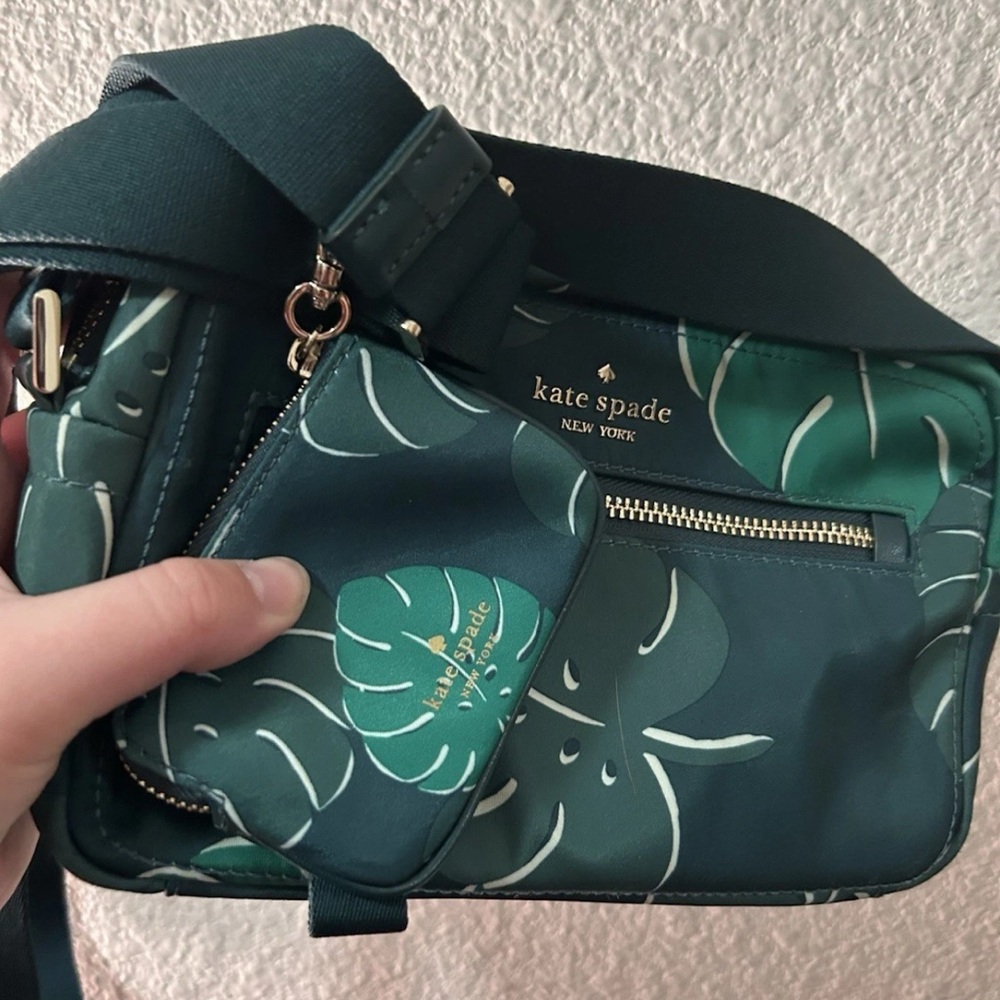 Kate Spade Dark Green Leaf Print Crossbody Bag